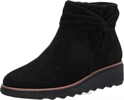 Bottines Sharon Salon Clarks en daim noir avec trépointe beige foncé pour femmes femmes N6R8B1523 Clarks daim noir avec trépointe beige foncé