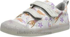 Clarks Silver Canvas Baby Girls Foxing Print T Sneaker Enfant enfants N6R8B1905 Clarks toile argentée
